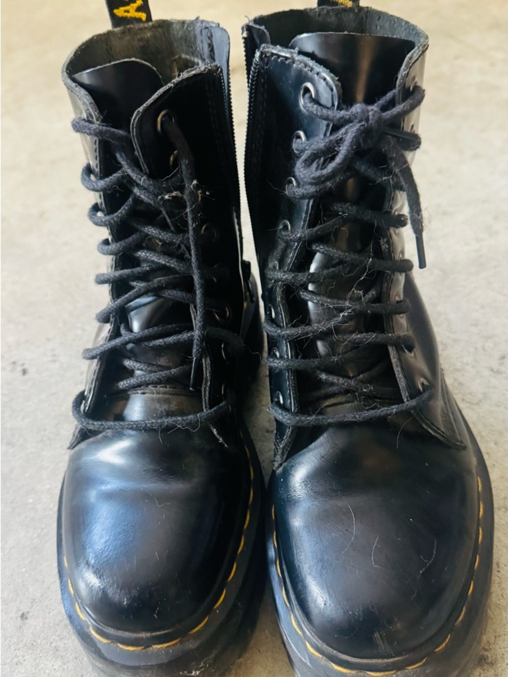 Dr. Martens Black Leather Lace-Up Platform Boots with Yellow Stitching